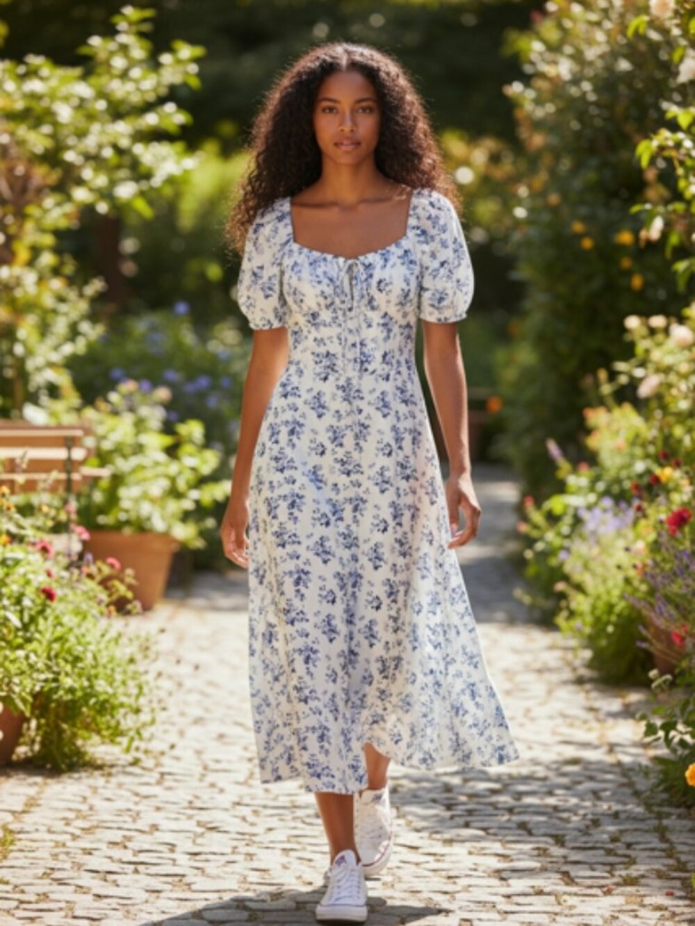 SHEIN Blue White Floral Puff Sleeve Milkmaid Midi Dress Size L